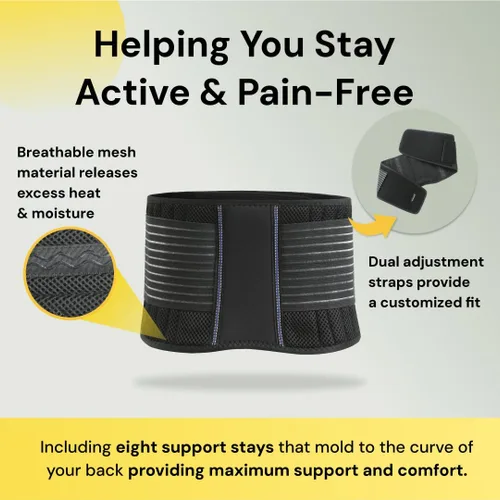 Vista 2 de BraceUp®: cinturón de apoyo y estabilizador de espalda y lumbar con tirantes ajustables y paneles de malla transparente., B601, S/M, Negro, 1