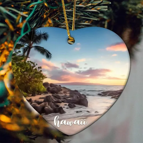 Vista 4 de Decorative Christmas Ornament for Xmas Tree Hanging Hawaii City Scene Building Cityscape Natural Landscape Flat Ceramic Ornament Xmas Keepsake