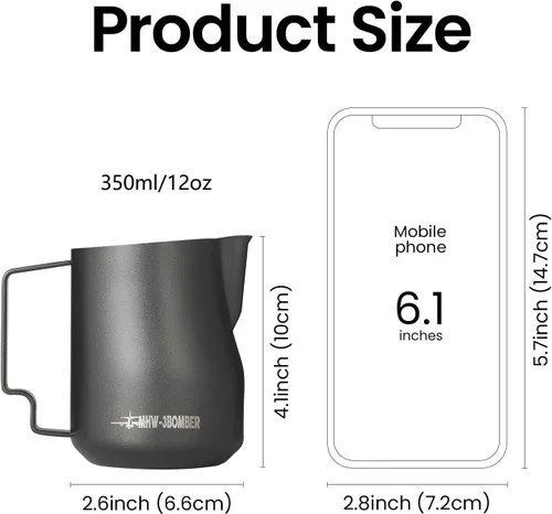 Vista 3 de MHW-3BOMBER Jarra de Espuma de Leche de 12oz/350ml Jarra de Leche Espumante Taza de Espresso Jarra de Vapor de Leche Jarra de Leche Espumante