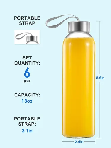 Vista 5 de QCen Botella de vidrio transparente de 18 onzas para jugos, botellas de agua de vidrio reutilizables para máquina exprimidora, con tapas de acero
