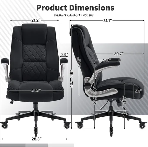 Vista 2 de Silla de oficina con respaldo alto 400 libras, silla de escritorio Negro