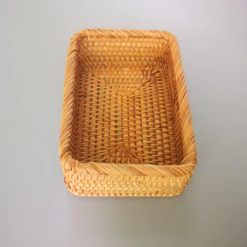 Vista 4 de Caja de frutas de mimbre rectangular hecha a mano, bandeja de ratán, organizador de revistas y objetos pequeños, cesta para servir (pequeña)