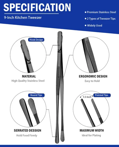 Vista 2 de JETKONG 2 pinzas para alimentos de 9 pulgadas, pinzas de cocina de acero inoxidable, pinzas de cocina (negro)