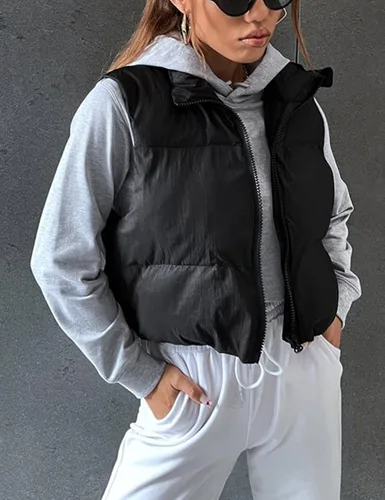 Vista 3 de Zhiyouni Chaleco acolchado corto para mujer, ligero, sin mangas, cuello alto, chaleco acolchado corto
