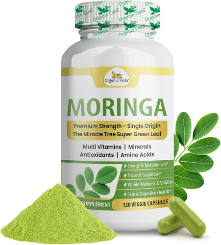Organic Veda Cápsulas de hoja de Moringa de 1200 mg, 120 unidades – Polvo puro de Moringa Oleifera en polvo de hojas enteras verde suplemento súper