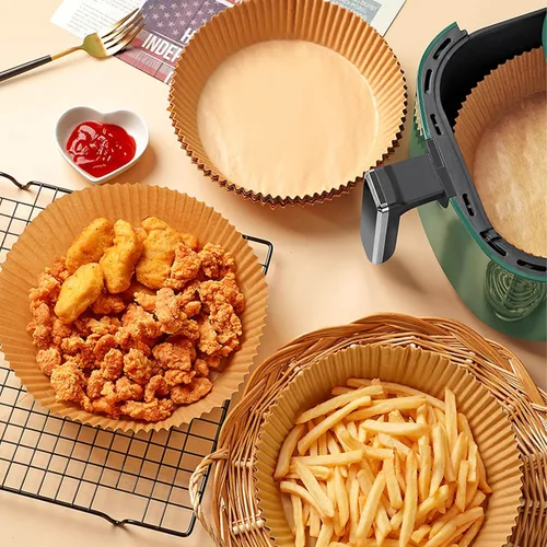 Vista 2 de 200 forros de papel desechables para freidora de aire, redondos, antiadherentes, papel pergamino para hornear, asar, horno microondas (6.3 pulgadas)