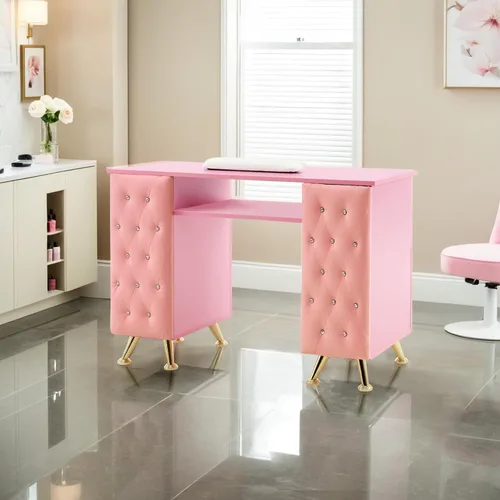 Vista 2 de BarberPub Mesa de manicura con cajones, escritorio de uñas resistente a la acetona, equipo de almacenamiento de salón de spa 2671 (rosa intenso)