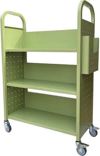 Vista 4 de Workington Carrito de libros con 3 estantes planos, carrito de libros de biblioteca con ruedas giratorias bloqueables 3001, verde manzana