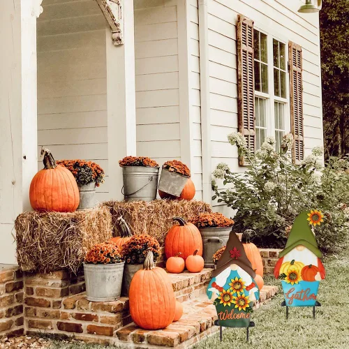 Vista 6 de PHITRIC Decoraciones de otoño para el hogar al aire libre, 2 estacas decorativas de gnomo de metal con calabazas de girasol para decoración