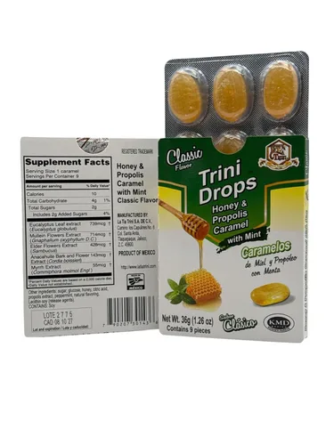 Vista 2 de Caramelos de propoleo-menta y miel, Paquete de 2 (9 piezas cada cartea) La Tia Trini Caramelos de propóleo y menta 2 Pack de propóleos sabor miel