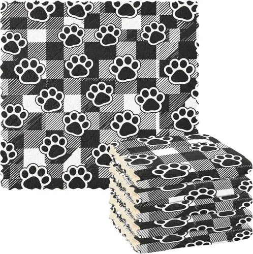 Plaid Pet Paw Prints Dish Towels Set of 6