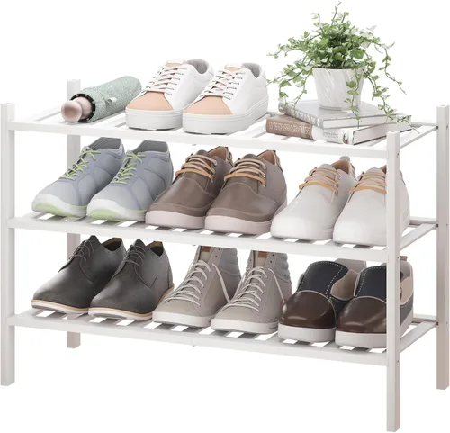 Vista 13 de BMOSU - Estantería de zapatos de bambú extendida de 3 niveles, organizador de almacenamiento premium apilable para pasillo, armario, sala de estar