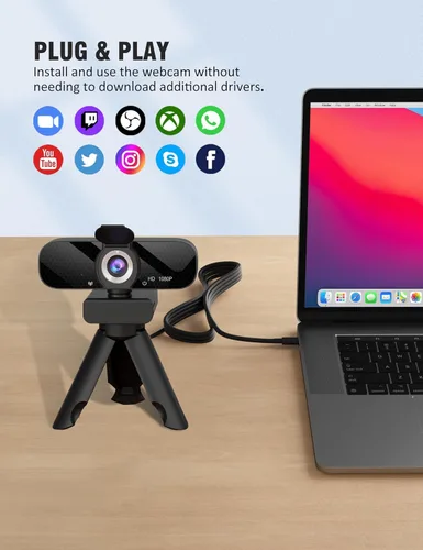 Vista 6 de Tewiky Cámara Web Full HD con Micrófono Integrado y Trípode Giratoria, Video 1080P y Cámara de Ángulo Amplio, Cubierta de Privacidad, para PC