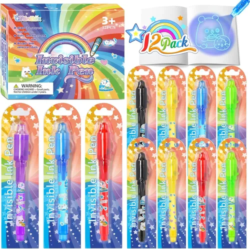 GIFTINBOX Bolígrafo de tinta invisible con luz UV para niños, 12 bolígrafos espía para fiestas para niños de 8 a 12 años, marcador mágico para