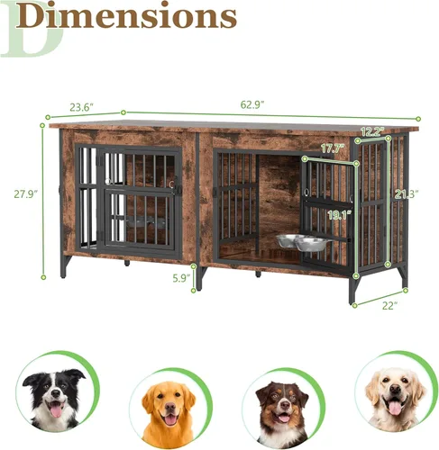 Vista 8 de Mueble de jaula para perros, jaula doble para perros con parte superior de almacenamiento y cuencos giratorios para alimentos, perrera decorativa