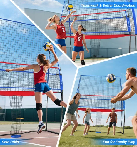 Vista 6 de Volleyball Practice Net with Ball Return System, Height Adjustable 6.5-8FT, 11 * 8FT Portable Volleyball Training Equipment for Serving, Spiking