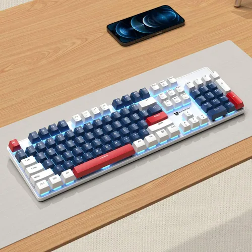 Vista 7 de Teclado mecánico para juegos Teclado para juegos con cable Teclado retroiluminado blanco con interruptores rojos y 104 teclas Teclado mecánico
