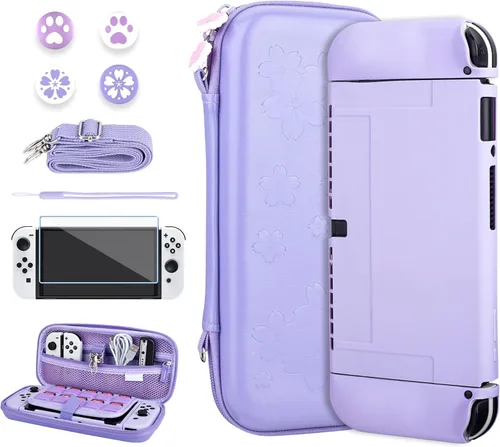 Vista 9 de RHOTALL Cute Sakura Carrying Case Set for Nintendo Switch OLED,Pink Flower Accessories Bundle for Switch OLED with Hard Case, Screen Protector, 4