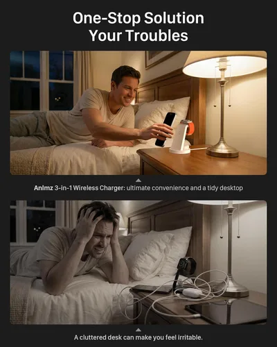 Vista 2 de Estación de carga 3 en 1 para iPhone, cargador inalámbrico para iPhone 17 16e 16 15 14 13 12 11 X Pro Max y Apple Watch - Estación de carga