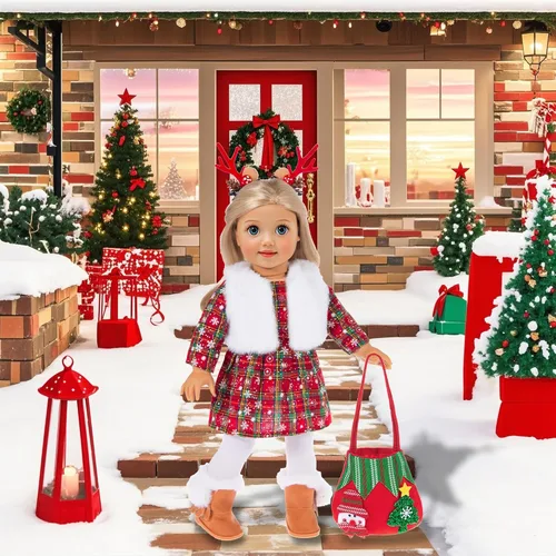 Vista 7 de ebuddy Ropa y accesorios para muñecas de 18 pulgadas, juego de disfraz de Navidad que incluye vestido, chaleco de piel, medias, botas, pinzas