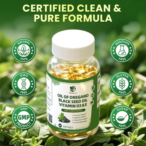 Vista 8 de Cápsulas de aceite de orégano orgánico con aceite de semilla negra, Carvacrol 99% ultraconcentrado, 5 en 1 con vitamina D3 E pimienta negra, inmune