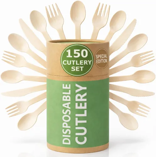 Vista 10 de Juego (100 unidades) de tenedores de madera desechables - Alternativa al plástico, juego de cubiertos ecológico, biodegradable, compostable - Juego
