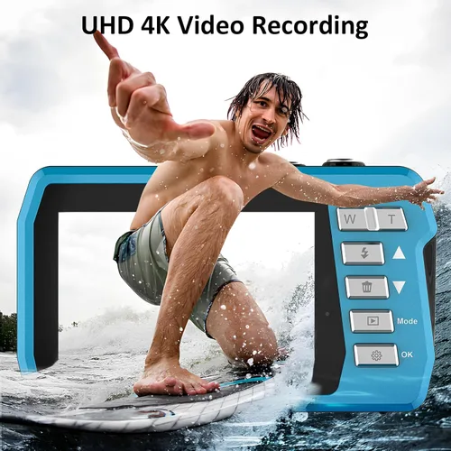 Vista 2 de Cámara impermeable 4K30FPS con tarjeta de 32 GB, cámaras submarinas de 56 MP, grabadora de video UHD IPS de doble pantalla (3"/2 pulgadas), selfie
