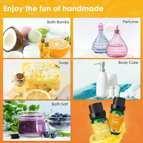 Vista 4 de ESSLUX - Juego de aceites aromáticos frutales de 14 x 0.3 fl oz, aceites perfumados de frutas prémium para difusor, aromas para hacer velas