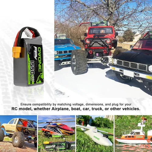 Vista 5 de OVONIC 4s Lipo Battery 100C 1550mAh 14.8V Lipo Battery Soft Case con conector XT60 para FPV (4 paquetes)