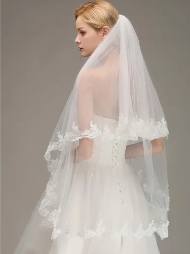 Vista 3 de MisShow Velo de novia corto de tul de 2 niveles para mujer con peine