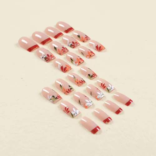 Vista 5 de Uñas postizas a presión de punta francesa, uñas postizas de longitud media, puntas de uñas postizas rojas, uñas artificiales cuadradas, cobertura