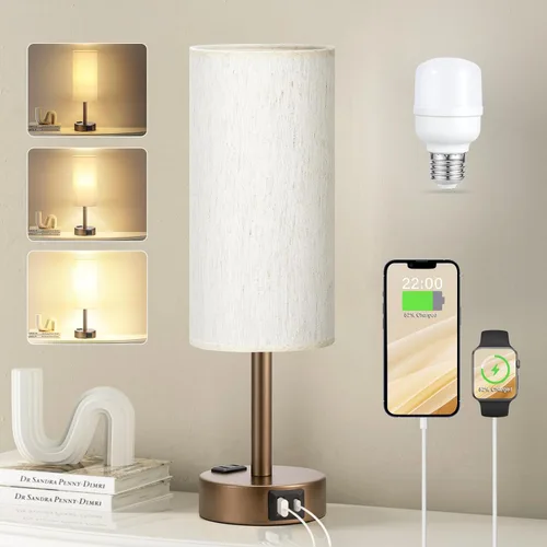 Vista 16 de Fenmzee Juego de lámparas de mesa pequeñas táctiles regulables de 2 a 3 vías, carga USB A + C, salida de CA, base de grano de madera, bombillas