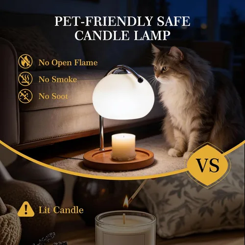 Vista 4 de Topyond Lámpara de fusión de cera aromática, bandeja de almacenamiento de madera retro, calentador de velas de vidrio, lámpara de escritorio