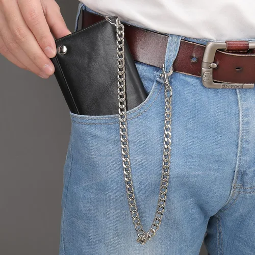 Vista 7 de Cartera de piel auténtica con tres pliegues para hombre con cadena, cartera de motociclista con cadena larga y resistente, Negro, largo