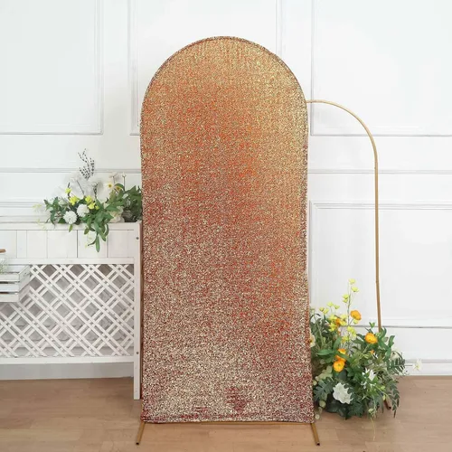Vista 90 de Efavormart - Marco de fondo redondo de elastano dorado antiguo brillante de 5 pies, cubierta metálica brillante para arco de boda de 2 lados