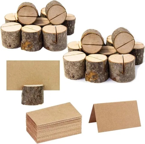 Vista 6 de Tarjeteros de madera para colocar 15 números de mesa con 25 tarjetas de mesa de papel kraft para colocar tarjetas de nombre, tarjeta de notas