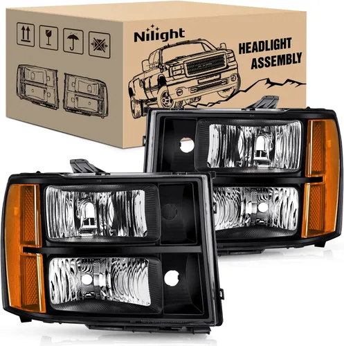 Nilight Conjunto de faros delanteros para GMC Sierra 1500 2500 3500 HD 2007-2014, carcasa negra, esquina ámbar, lente transparente, faros de repuesto