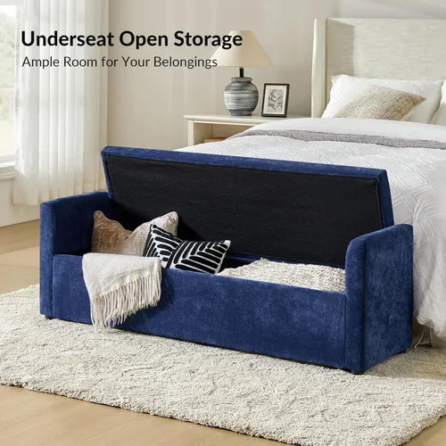 Vista 3 de HULALA HOME Banco otomano moderno de almacenamiento con almohadas, banco extra largo de dormitorio de 59.4 pulgadas para pie de cama, cómodo Azul