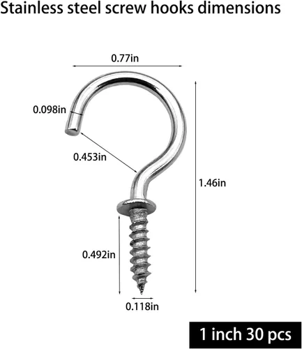 Vista 2 de 30 ganchos de techo de acero inoxidable (304) con tornillos de 1 pulgada, ganchos de luz atornillados
