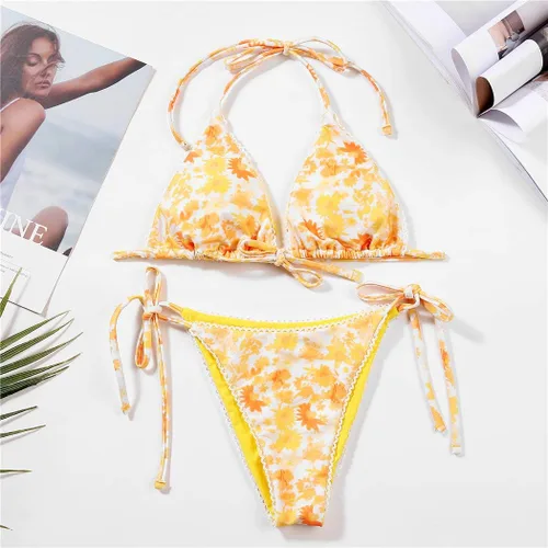 Vista 5 de Juego de traje de baño para mujer bikini triangular con tanga con lazos
