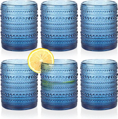 KMIGRUAN Hobnail - Juego de 6 vasos de cristal vintage azul de 12 onzas, vasos de cóctel, vasos de vidrio en relieve, vaso de agua para whisky, jugo