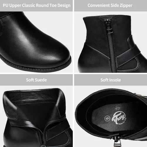 Vista 4 de Trary Botines para mujer, punta redonda, tacón bajo, botines con cremallera lateral, botines de invierno con hebilla, con forro polar