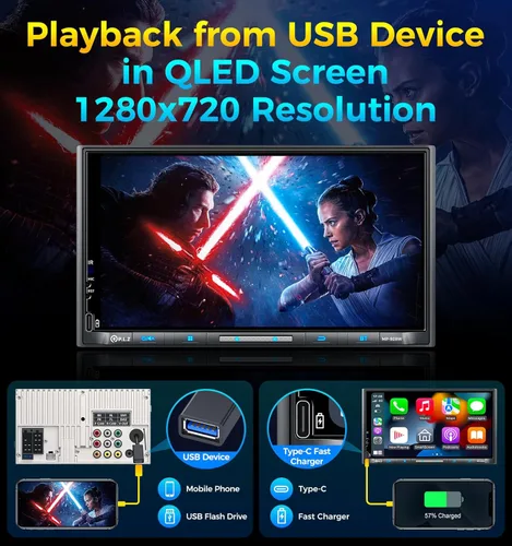 Vista 6 de PLZ estéreo de coche inalámbrico de doble DIN de 7" con pantalla QLED para automóvil, Apple Carplay, Radio, Android Auto, Bluetooth 5.3, Cargador