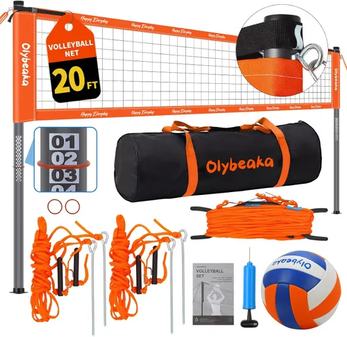 20ft Portable Outdoor Volleyball Net Set for Backyard Beach with 1.25" Adjustable Heavy Duty Poles, 28-ply Durable PE Net, PU Volleyball & Pump,