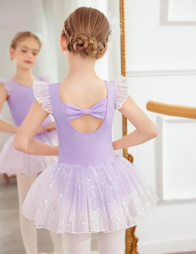 Vista 3 de Zaclotre Leotardos de ballet con volantes de manga corta con falda de tutú, vestido de baile para niñas