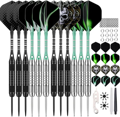 Vista 8 de Set de 12 dardos de punta metálica de 22/24 gramos, dardos de punta de acero para tablero de dardos con ejes de aluminio premium, 50 juntas tóricas