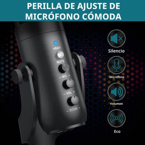 Vista 3 de Micrófono de condensador USB para computadora, micrófono de PC Plug & Play con ganancia de micrófono eco, control de volumen y botón de silencio