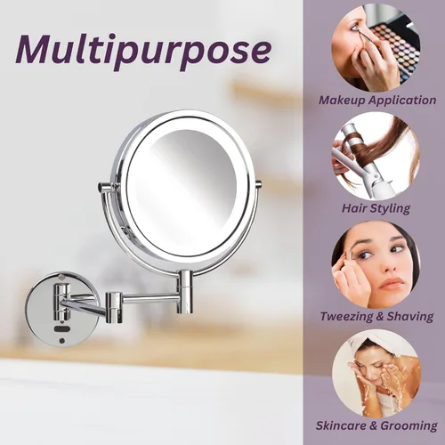 Vista 8 de JERDON Sharper Image - Espejo de maquillaje con sensor de movimiento iluminado para montaje en pared, aumento de 8X-1X, espejo de 8.5 pulgadas