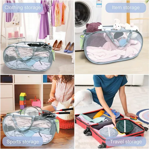 Vista 3 de 2 cestas de malla para la ropa sucia, canastas plegables para la ropa sucia, 75 litros, cesta de almacenamiento horizontal con bolsillo lateral