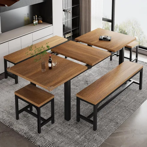 Vista 13 de iPormis Juego de mesa de comedor de 7 piezas con 6 taburetes, juego de mesa de cocina extensible de 63 pulgadas para 4-8 personas, mesa de comedor